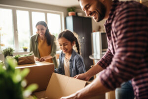 Famille heureuse lors d'un déménagement avec leurs cartons, symbolisant un nouveau départ en garde alternée