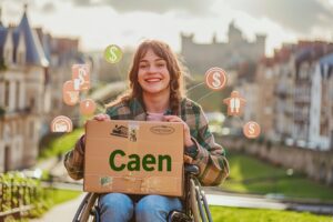 Personne en fauteuil roulant recevant une aide financière pour déménagement à Caen, illustrant le soutien disponible pour les personnes handicapées.