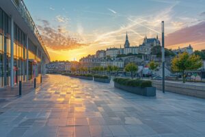 Vue panoramique de Caen mettant en évidence des opportunités d'investissement immobilier dans la dynamique Cité de Guillaume.