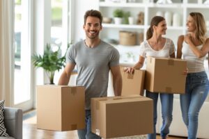 Une aide ménagère souriante prépare soigneusement les cartons de déménagement dans un salon épuré pour optimiser le changement de domicile à Caen